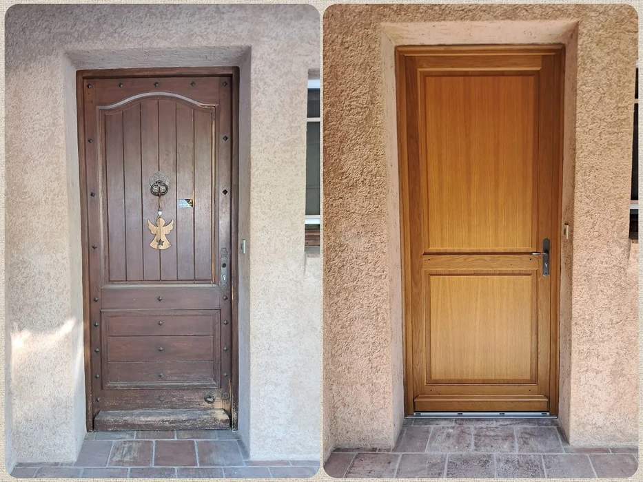 Façade extérieure d'immeuble avec deux portes d'entrée adjacentes