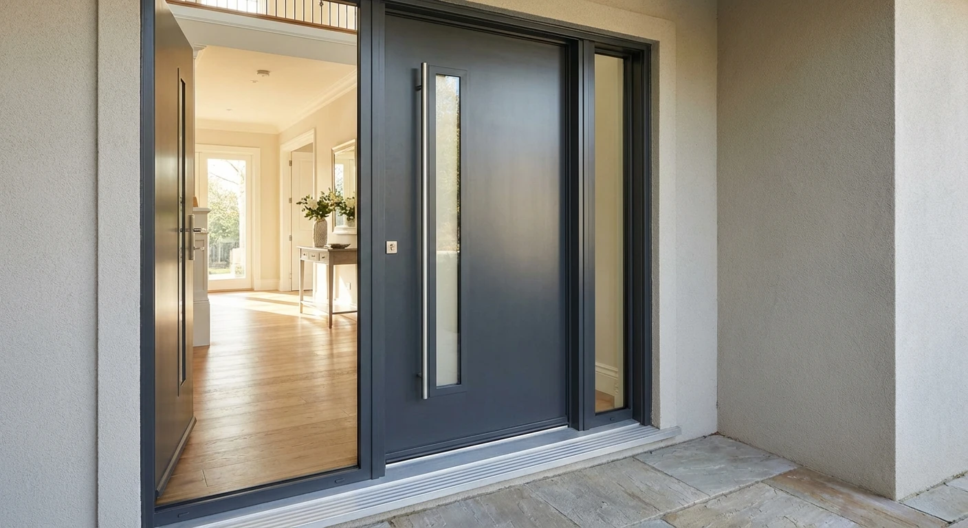 Photographie réaliste d'une porte d'entrée principale de maison individuelle, de style moderne et élégant. La porte, en aluminium ou PVC de haute qualité, doit être prominente dans l'image et montrer clairement son design soigné et ses finitions professionnelles. Elle peut être fermée ou légèrement ouverte, revêtue d'une teinte neutre et moderne (noir, gris anthracite, blanc ou bois clair). Le cadre doit inclure le chambranle, le seuil et une partie du mur environnant pour montrer l'intégration architecturale de la menuiserie. L'arrière-plan doit montrer un intérieur résidentiel classique et soigné. L'éclairage doit être naturel, professionnel et valoriser la qualité de la menuiserie.