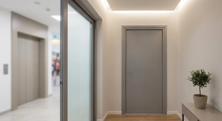 Photographie d'un couloir d'immeuble contemporain avec porte palière fermée en aluminium ou PVC, vue de face. La porte doit être fermée pour souligner la fonction d'isolation acoustique. L'environnement du couloir (parois neutres, éclairage indirect) doit clairement contextualiser la porte comme élément de séparation entre l'appartement privé et les espaces communs bruyants. Pas de personne, pas de texte ou logo visible.