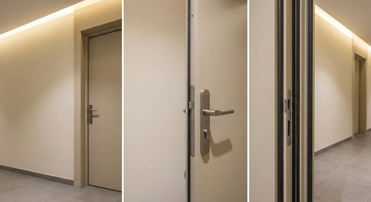 Photographie réaliste d'une porte palière coupe-feu en gros plan sur un mur de couloir d'immeuble, mettant en avant les joints d'étanchéité visibles autour du cadre (caractéristique technique des portes coupe-feu), avec une finition en aluminium ou PVC de qualité. La porte doit être fermée, dans un environnement intérieur moderne et neutre (couloir de parties communes), éclairage indirect. Pas de personne, pas de texte ou logo visible. Cette image doit se distinguer visuellement des images déjà sélectionnées en mettant l'accent sur les détails techniques de la porte (joints, cadre, poignée sécurisée) plutôt que sur l'environnement du couloir seul.