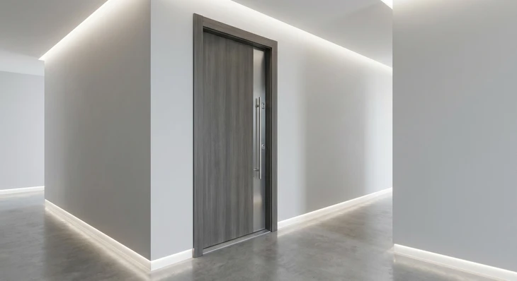 Photographie réaliste d'une porte palière thermique fermée, vue de trois-quarts légèrement de biais, installée dans un couloir d'immeuble moderne. La porte présente une finition de qualité (aluminium ou PVC) et des profils épaissis visibles, caractéristiques des performances thermiques renforcées. L'environnement montre des parois latérales du couloir neutres et claires, un sol lisse, et un éclairage indirect moderne. Un détail subtil de condensation ou de différence thermique perceptible (par exemple une légère trace d'humidité sur le cadre ou la paroi adjacente) peut illustrer la fonction d'isolation thermique. Environnement intérieur épuré, sans personne, sans texte ni logo visible.