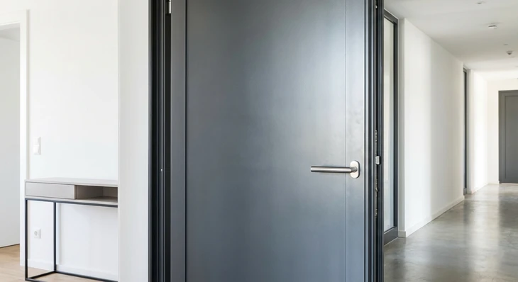 Photographie réaliste d'une porte palière en aluminium de couleur gris anthracite, vue de face, installée dans une entrée d'appartement. La porte fermée occupe le cadre central de l'image, mettant en avant sa finition aluminium de qualité, ses profils épaissis et sa poignée contemporaine. De chaque côté de la porte, on aperçoit légèrement les murs intérieurs de l'appartement et une partie du couloir, créant une contextualisation claire comme barrière d'entrée. L'éclairage naturel ou indirect doux met en avant la qualité de la finition métallique. Photographie professionnelle, environnement intérieur épuré, aucune personne, aucun texte ou logo visible.