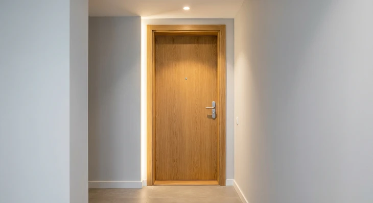 Photographie réaliste d'une porte palière en bois de finition chêne ou noyer clair, vue de face, fermée et installée dans un couloir d'immeuble moderne. La porte en bois occupe le cadre central, mettant en avant sa teinte chaleureuse, son grain naturel visible et sa poignée en métal poli. De part et d'autre, les parois du couloir présentent une finition neutre et épurée (peinture blanche ou grise claire). L'éclairage indirect moderne souligne la qualité et la chaleur esthétique de la finition bois contrastant avec l'environnement minimaliste de l'immeuble. Environnement intérieur professionnel, aucune personne, aucun texte ou logo visible.