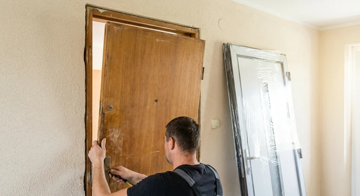 Photographie réaliste d'une ancien porte palière usée étant retirée d'un encadrement de couloir d'immeuble par un artisan menuisier. L'image montre le processus de remplacement : l'ancienne porte en mauvais état, légèrement décatie ou déformée, partiellement soulevée hors de son cadre, avec l'artisan travaillant avec attention à son installation. À côté de la scène, une nouvelle porte palière neuve et moderne en aluminium ou PVC est visible en attente d'installation, positionnée verticalement contre le mur du couloir. L'environnement montre un couloir d'immeuble typique, neutre et clair. Photographie professionnelle de qualité, aucune personne n'est visible de manière centrale ou distractive, focus sur l'action de remplacement et le contraste entre l'ancienne et la nouvelle porte.