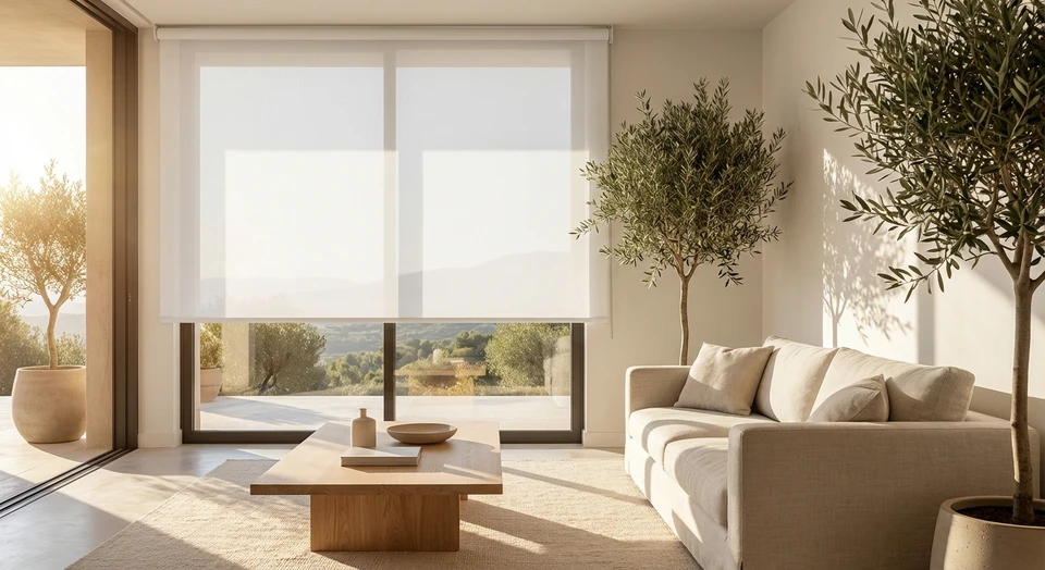 Intérieur d'une pièce à vivre ensoleillée (salon ou chambre) avec un store intérieur enrouleur blanc ou beige partiellement fermé, filtrant la lumière du soleil qui traverse une fenêtre. La scène montre un contraste entre les zones éclairées par le soleil et les zones ombragées créées par le store. La pièce est aménagée simplement et élégamment avec mobilier moderne minimaliste, plantes d'intérieur, et une ambiance lumineuse caractéristique du climat méditerranéen du Var. L'accent doit être sur la fonctionnalité du store pour contrôler la lumière et la chaleur naturelle.