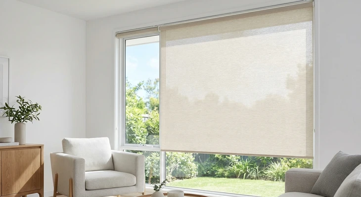 Photographie d'intérieur lumineux montrant une fenêtre habillée d'un store enrouleur beige ou gris clair, partiellement ou totalement déroulé, révélant une vue naturelle à travers la vitre. Le store doit être le point focal de l'image. Le reste de l'espace intérieur (mobilier neutre, murs clairs) doit créer un contexte résidentiel serein et moderne, mettant en valeur l'esthétique épurée et discrète du store enrouleur sur mesure.