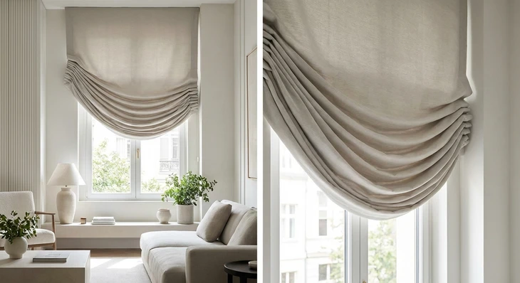 Photographie d'intérieur résidentiel lumineux montrant une fenêtre habillée d'un store bateau sur mesure aux lignes drapées et souples, en tissu de couleur neutre (beige, gris ou blanc), fermé ou partiellement fermé. Le store bateau doit être le point focal de l'image, révélant son caractère esthétique distinctif avec ses plis élégants et son effet drapé raffiné qui habille la fenêtre. Le reste de l'espace intérieur (mobilier contemporain, murs neutres, décoration épurée) crée un contexte résidentiel moderne et serein, mettant en valeur l'élégance et le caractère du store bateau, le différenciant visuellement des stores enrouleur et vénitien déjà sélectionnés.