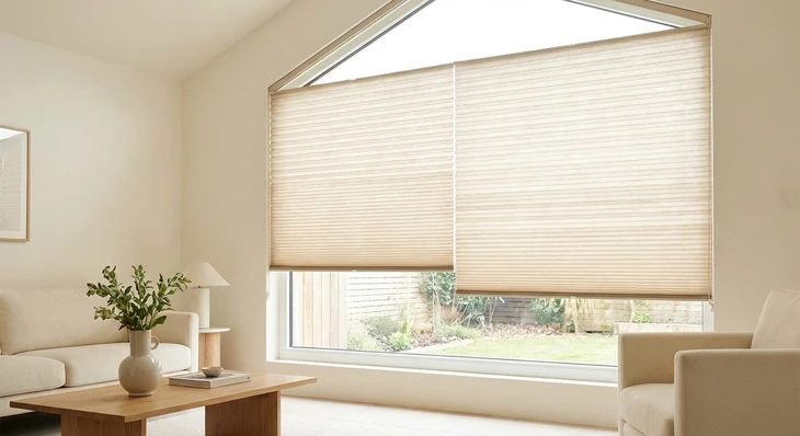 Photographie d'intérieur résidentiel lumineux montrant une fenêtre habillée d'un store plissé sur mesure aux plis accordéon caractéristiques, en tissu de couleur neutre (blanc, gris clair ou beige), fermé ou partiellement fermé. Le store plissé doit être le point focal de l'image, révélant ses plis géométriques distinctifs et sa structure modulaire qui convient parfaitement aux formes atypiques. Le reste de l'espace intérieur (mobilier contemporain, murs neutres, décoration épurée) crée un contexte résidentiel moderne et serein, mettant en valeur la géométrie élégante et l'efficacité fonctionnelle du store plissé, le différenciant visuellement des stores enrouleur, vénitien et bateau déjà sélectionnés.