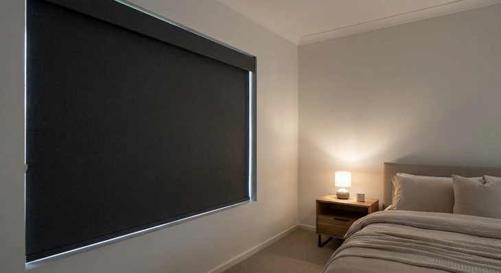 Photographie d'intérieur résidentiel montrant une chambre à coucher ou une pièce à vivre avec fenêtre habillée d'un store occultant sur mesure entièrement fermé ou quasi-fermé, en tissu de couleur sombre ou opaque (noir, gris foncé ou chocolat), bloquant efficacement la lumière extérieure. Le store occultant doit être le point focal de l'image. Le reste de l'espace intérieur (lit, mobilier contemporain, ambiance tamisée) crée un contexte résidentiel moderne mettant en valeur l'efficacité occultante du store pour un confort de sommeil optimal, le différenciant visuellement des autres types de stores déjà présents dans la section par son caractère complètement opaque et sa fonction d'obscurité totale.