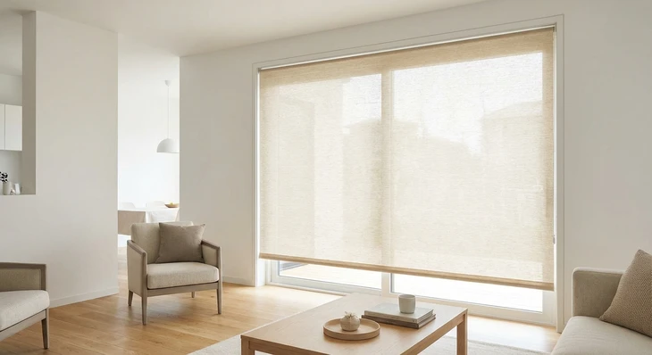 Photographie d'intérieur résidentiel lumineux montrant une fenêtre habillée d'un store tamisant sur mesure en tissu semi-transparent de couleur neutre (beige clair, gris clair ou blanc crème), partiellement fermé ou entièrement fermé, diffusant une lumière naturelle douce et filtrée à travers la vitre. Le store tamisant doit être le point focal de l'image, révélant sa capacité à préserver la clarté de l'espace tout en limitant l'éblouissement et les apports de chaleur solaire. Le reste de l'espace intérieur (mobilier contemporain neutre, murs clairs, décoration épurée) crée un contexte résidentiel serein et moderne, mettant en valeur l'efficacité fonctionnelle et l'esthétique élégante du store tamisant, visuellement distinct des cinq types de stores déjà sélectionnés.