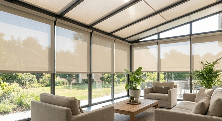Photographie d'intérieur d'une véranda moderne et lumineuse avec verrière panoramique, habillée d'un store intérieur sur mesure fermé ou partiellement fermé, en tissu neutre (gris clair, beige ou blanc crème), filtrant efficacement la chaleur solaire qui traverse les grandes vitres tout en préservant la luminosité de l'espace. Le store doit être le point focal, révélant son adaptation aux dimensions généreuses et à la configuration spécifique de la véranda. Le reste de l'espace (mobilier contemporain confortable, décoration épurée, perspective montrant la profondeur et l'ampleur de la véranda) crée un contexte résidentiel moderne et serein, mettant en valeur l'efficacité fonctionnelle du store pour filtrer la chaleur sous verre et permettre une utilisation optimale de la véranda en toute saison.