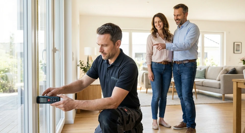 Un artisan menuisier en tenue professionnelle prenant des mesures précises d'une fenêtre intérieure ou d'une baie avec un mètre laser ou un décamètre, dans une maison résidentielle, montrant son professionnalisme et sa concentration sur les détails. La scène se déroule dans un intérieur clair et accueillant, avec un or deux clients présents, écoutant les explications de l'artisan, incarnant le suivi personnalisé et la relation directe entre le professionnel et le client, du diagnostic à la préparation de l'installation.