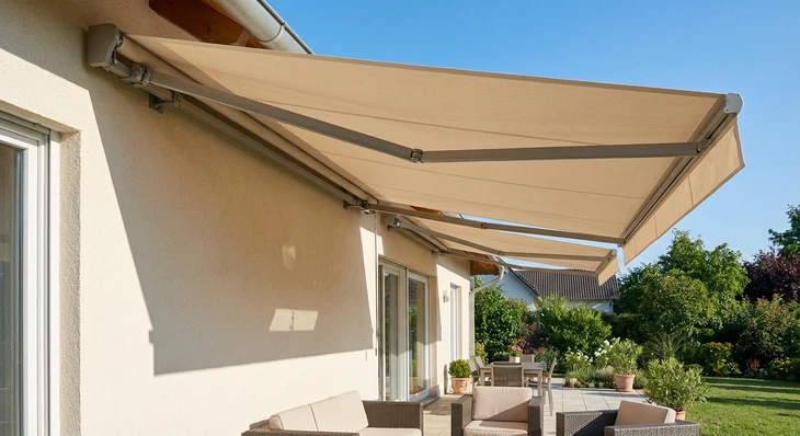Façade résidentielle avec store banne beige clair rétracté et déployé successivement, montrant le mécanisme de fermeture latérale, installé sur un balcon ou une terrasse d'une maison individuelle, par temps ensoleillé, avec ombre distincte du store sur la surface du mur et du sol.