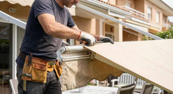 Gros plan détaillé montrant un artisan qualifié retendant ou remplaçant la toile d'un store banne, en cours de travail. L'image doit montrer clairement le mécanisme du store partiellement démonté ou en cours de rentoilage, avec la nouvelle toile en cours d'installation sur la structure métallique. Le contexte doit être professionnel : atelier ou sur site résidentiel en cours de prestation. L'accent doit être mis sur le travail technique de qualité, distinctif du rentoilage (changement de toile sans remplacement de la structure), montrant l'expertise artisanale et la solution durable proposée par l'entreprise.