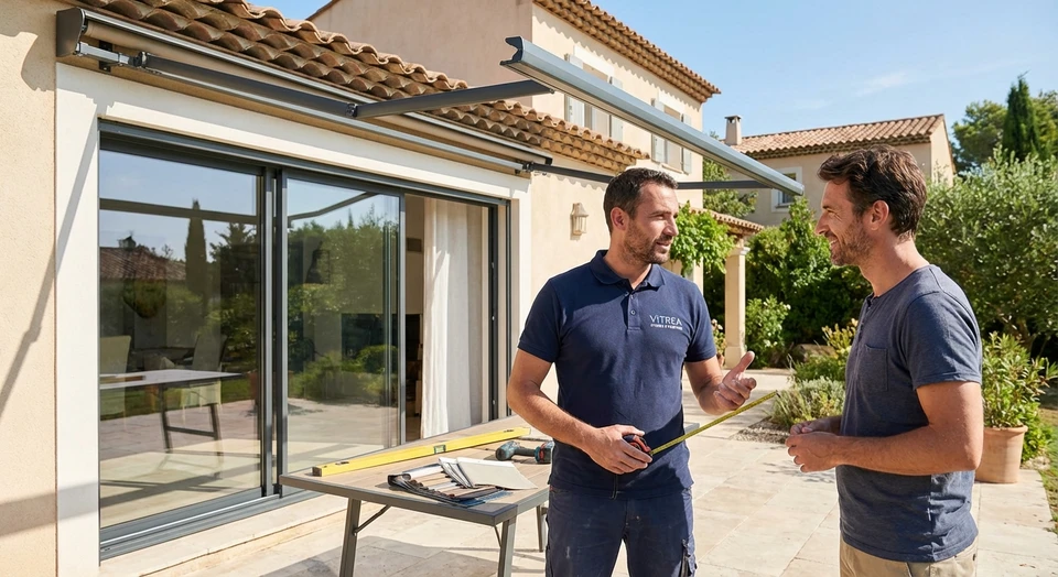 Photographie réaliste en conditions naturelles d'un artisan menuisier en tenue professionnelle (polo ou chemise avec logo entreprise) en train de discuter avec un client propriétaire sur le chantier d'une maison individuelle, devant une baie vitrée ou un emplacement de store banne en cours d'installation. L'artisan prend des mesures ou explique les détails du projet au client, incarnant ainsi la relation de confiance et le suivi personnalisé. Ambiance claire, chantier bien entretenu, cadre résidentiel provençal.