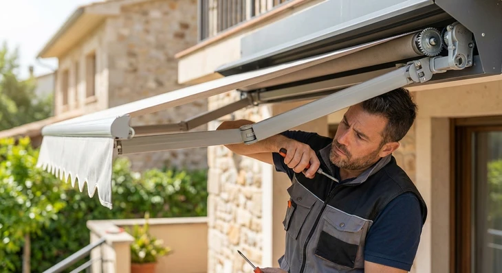 Gros plan sur un artisan en tenue professionnelle (gilet de travail ou polo avec logo) travaillant sur un store banne en cours de réparation. Le store est partiellement rétracté, exposant clairement ses composants mécaniques (bras articulés, moteurs, mécanisme de rétraction). L'artisan tient un outil ou inspecte précisément le mécanisme. La scène se déroule sur une terrasse ou un balcon résidentiel, montrant l'installation réelle du client. La lumière du jour naturelle met en évidence le travail technique et l'expertise professionnelle de l'intervention. L'arrière-plan flou montre un environnement résidentiel classique avec façade de maison.