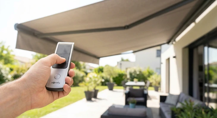 Gros plan sur la main d'un client appuyant sur une télécommande Somfy pour contrôler un store banne motorisé déployé au-dessus d'une terrasse résidentielle ensoleillée. Le store est en position déployée offrant une ombre complète. La télécommande doit être clairement visible et identifiable comme un dispositif de contrôle intelligent. Arrière-plan flou montrant la terrasse ombragée et l'environnement résidentiel ensoleillé autour de la zone protégée.