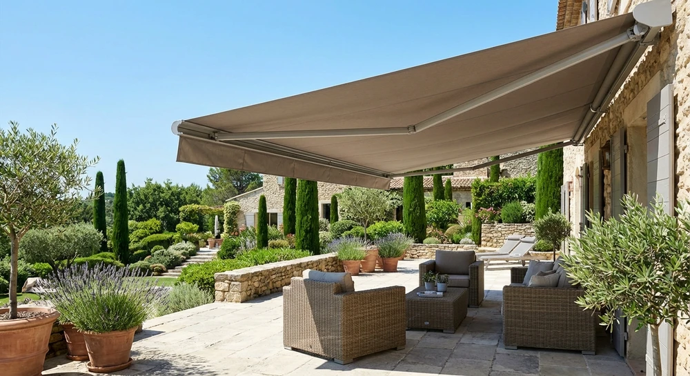 Terrasse pavée d'une villa provençale, vue de trois-quarts, avec un store extérieur de couleur taupe ou blanc cassé déployé protégeant une zone de détente. Le store montre clairement ses bras articulés et sa structure aluminium en configuration déployée. À proximité, un coin lounge avec fauteuils et table basse en rattan. En arrière-plan, végétation méditerranéenne et ciel bleu. La photo est prise en plein jour, par beau temps, mettant en évidence l'ombre nette créée par le store et le confort de l'espace protégé du soleil. L'atmosphère est résidentielle, chaleureuse et professionnelle.