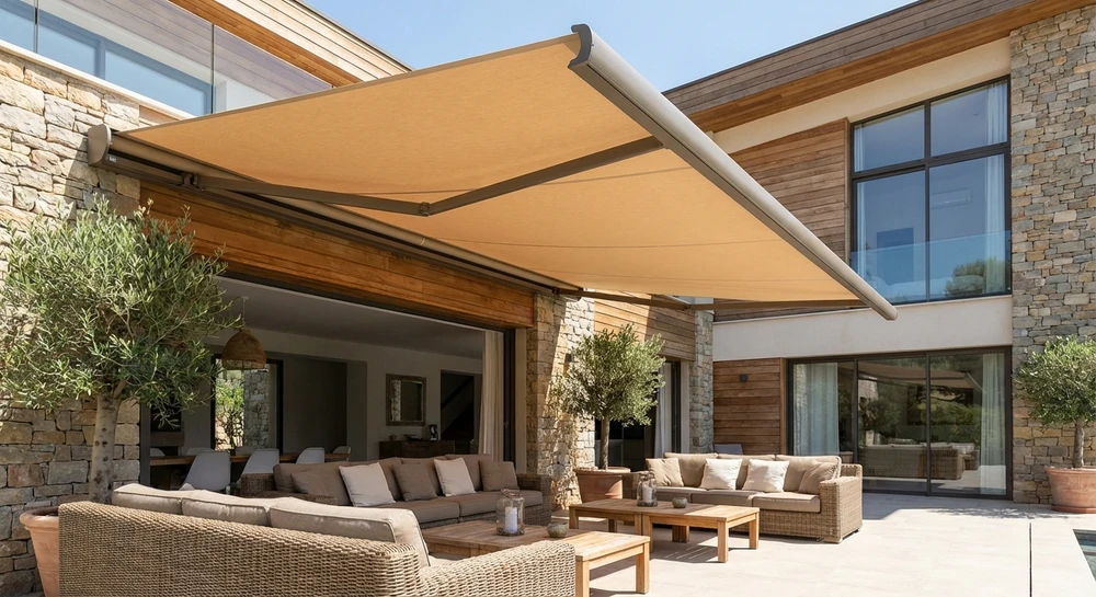 Terrasse extérieure d'une maison individuelle avec un store extérieur toile déployé, offrant une ombre généreuse. Le store est le point focal de l'image, clairement visible avec ses structures de fixation. La terrasse accueille du mobilier de jardin confortable, et on voit l'arrière de la maison en arrière-plan. L'ambiance est lumineuse et chaleureuse, mettant en valeur le confort et la protection solaire apportés par le store. La photo est prise en conditions réelles, en bon temps, montrant le résultat d'une installation professionnelle.