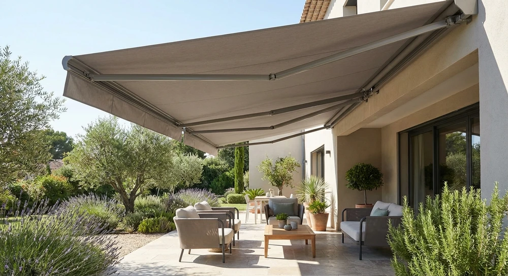 Terrasse moderne d'une maison résidentielle de l'Est-Var, vue de trois-quarts, avec un store extérieur de couleur gris ou taupe déployé couvrant la zone de détente. Le store banne affiche clairement ses bras articulés métalliques et son toile tendue en configuration ouverte, créant une zone d'ombre bien définie. La terrasse dallée accueille un coin lounge avec fauteuils modernes et une table basse. Un petit jardin paysager avec massifs de plantes méditerranéennes encadre la scène. La photo est prise en plein jour ensoleillé, mettant en relief le contraste lumière/ombre et l'intégration élégante du store sur la façade de la maison. Atmosphère résidentielle professionnelle et accueillante.