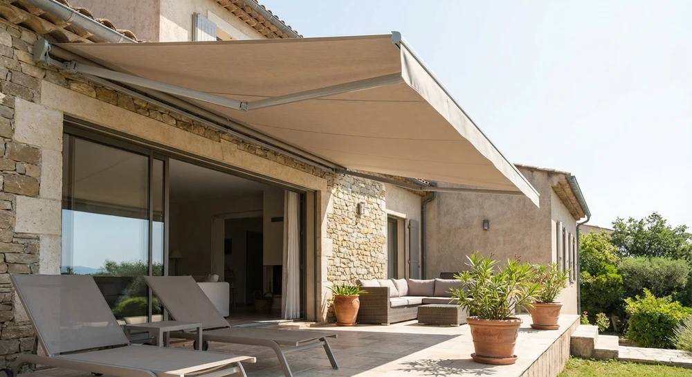 Maison individuelle de style méditerranéen ou provençal située dans l'Est-Var, vue de la façade principale en façade jour. La maison dispose d'une baie vitrée ou d'une large ouverture d'accès à une terrasse, équipée d'un store extérieur toile dépliée de couleur neutre (beige, gris ou blanc cassé) fournissant une ombre généreuse et bien définie sur la terrasse. Le store doit être clairement visible avec ses bras articulés et sa structure de fixation en aluminium. La terrasse en carrelage accueille du mobilier de détente (chaises longue ou salon de jardin), et quelques éléments de décoration (pots de fleurs, parasol optionnel en arrière-plan). La photo est prise en condition d'ensoleillement direct, par beau temps, mettant en évidence le contraste ombre/lumière et le confort apporté par le store. L'ambiance générale est résidentielle, professionnelle et accueillante, distincte de l'image déjà sélectionnée par sa perspective ou son environnement immédiat (jardin différent, architecture maison différente).