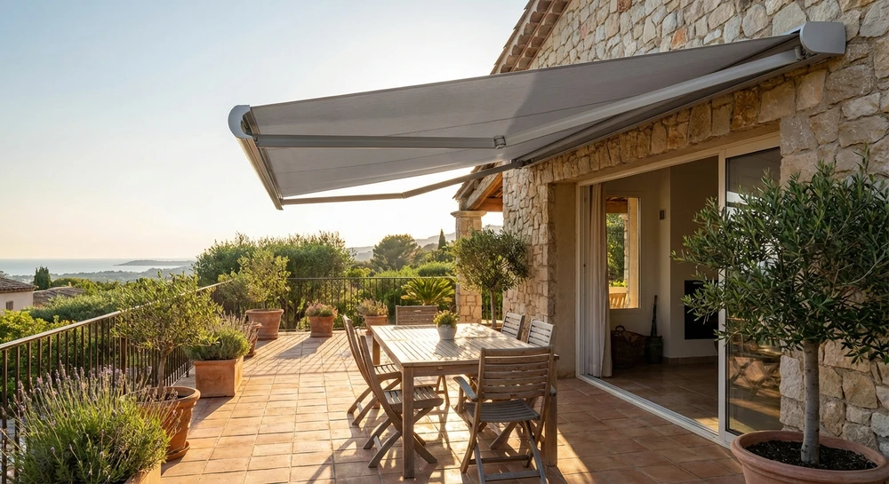 Terrasse d'une maison individuelle de l'Est-Var en fin d'après-midi, vue de trois-quarts, avec un store extérieur banne en toile gris clair partiellement déployé (semi-ouvert) au-dessus d'une zone repas. Le store affiche clairement ses bras articulés et sa cassette de fixation murale en aluminium. La terrasse carrelée accueille une table de repas avec chaises, et la scène capture le moment de transition jour/nuit avec une lumière dorée rasante. Aucune personne visible. Végétation méditerranéenne discrète en arrière-plan. Photographié en conditions réelles, montrant un angle et une configuration (semi-déploiement) distincte des stores pleinement déployés ou rétractés précédemment illustrés.